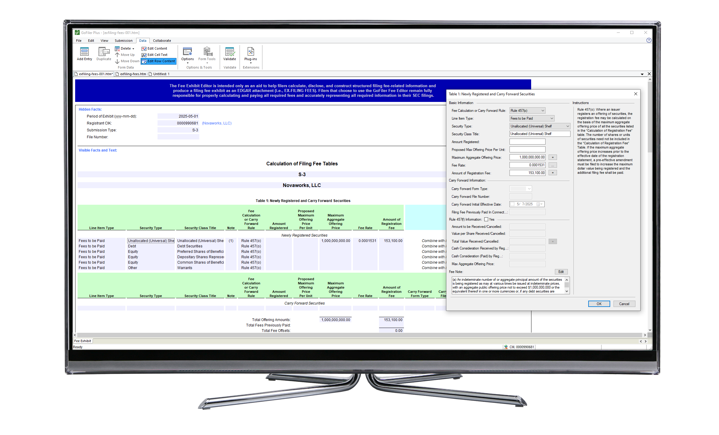 A computer monitor displaying FEE View in GoFiler